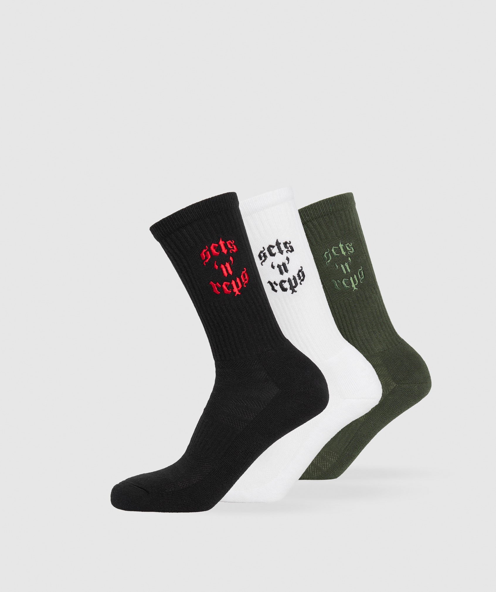 Gymshark Sets and Reps 3pk Crew Socks - White/Winter Olive/Black