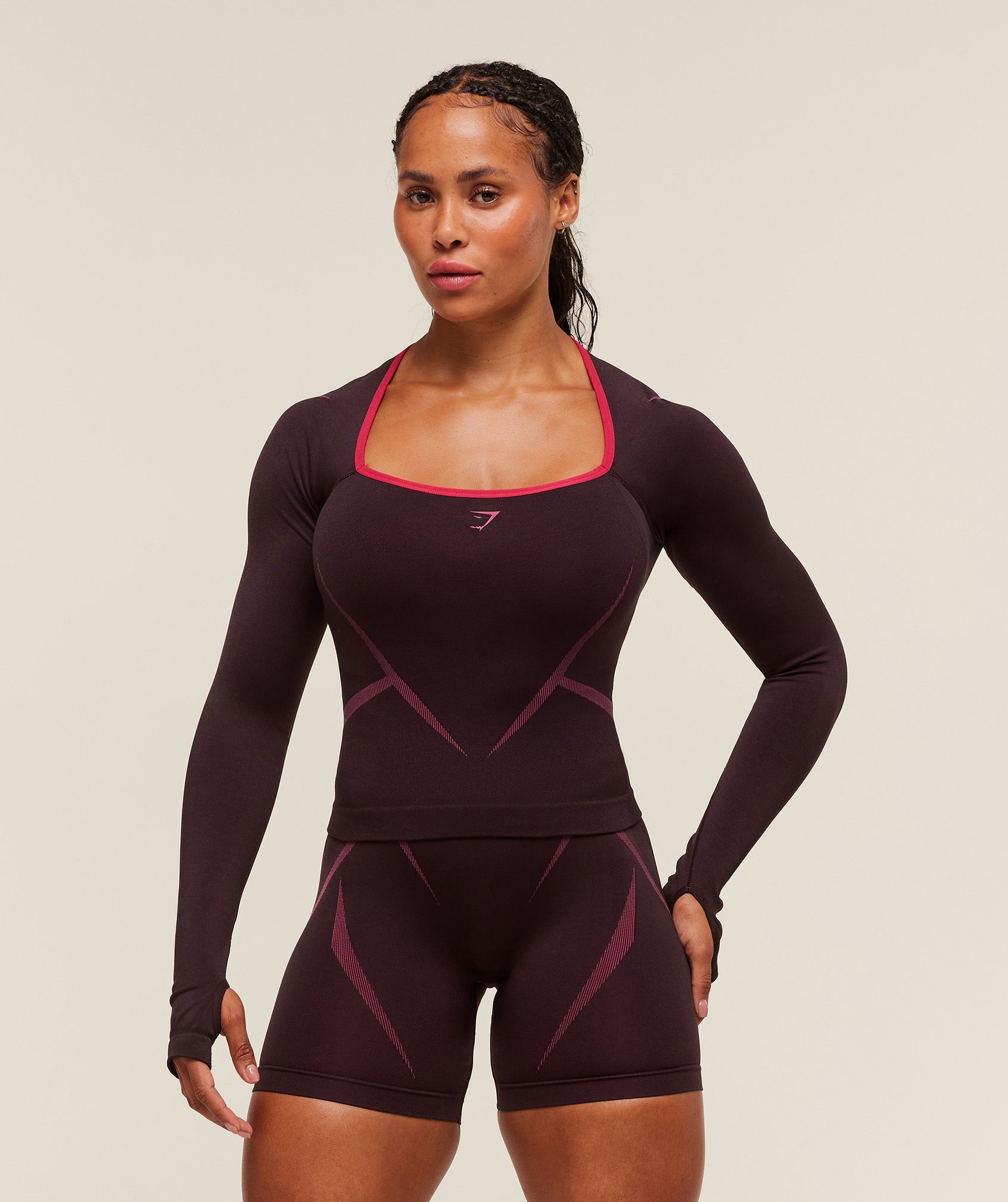 Gymshark Apex Lift Seamless Long Sleeve Crop Top - Cherry Purple/Build Pink