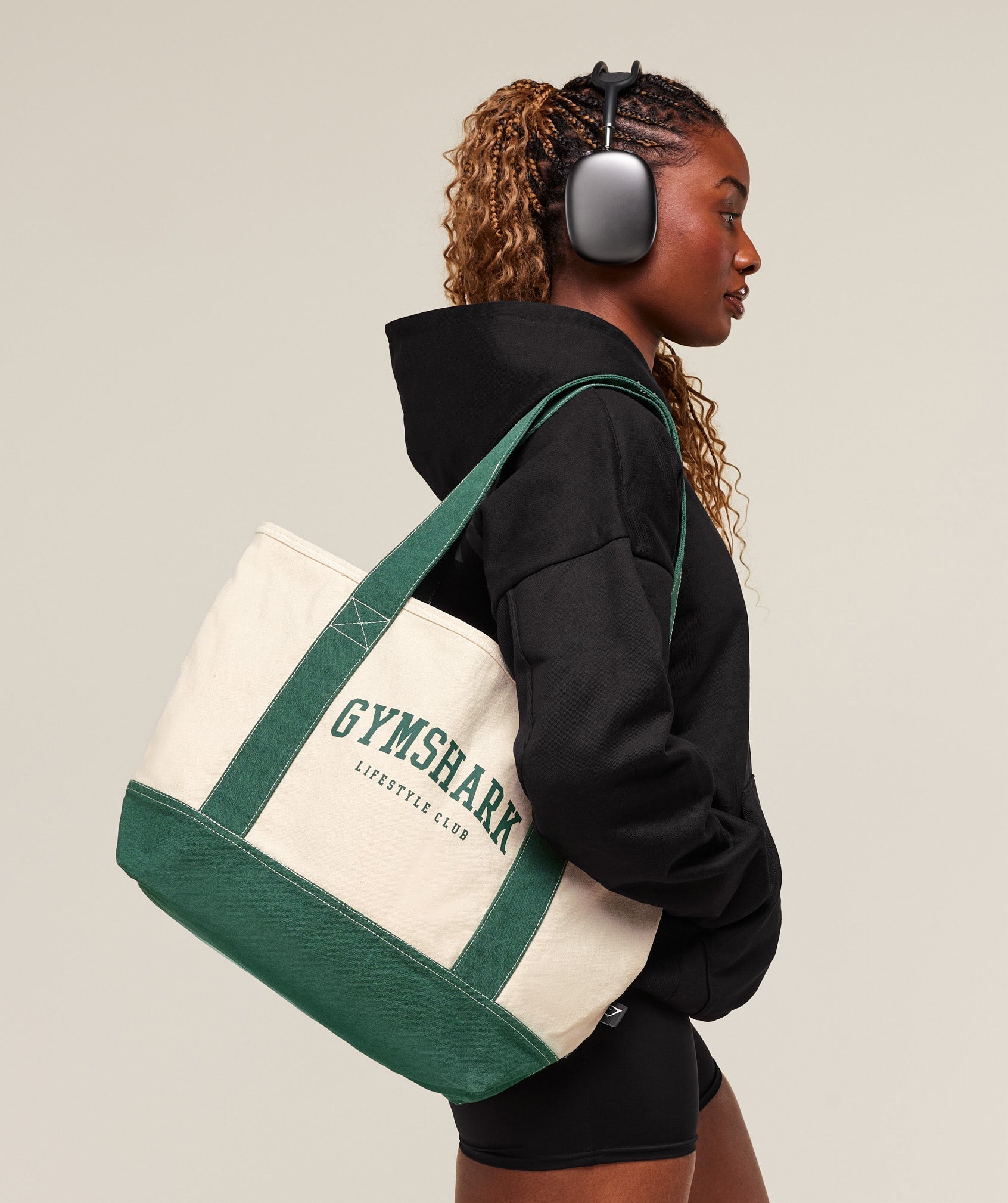 Gymshark Collegiate Oversized Tote - Oat White/Classic Green