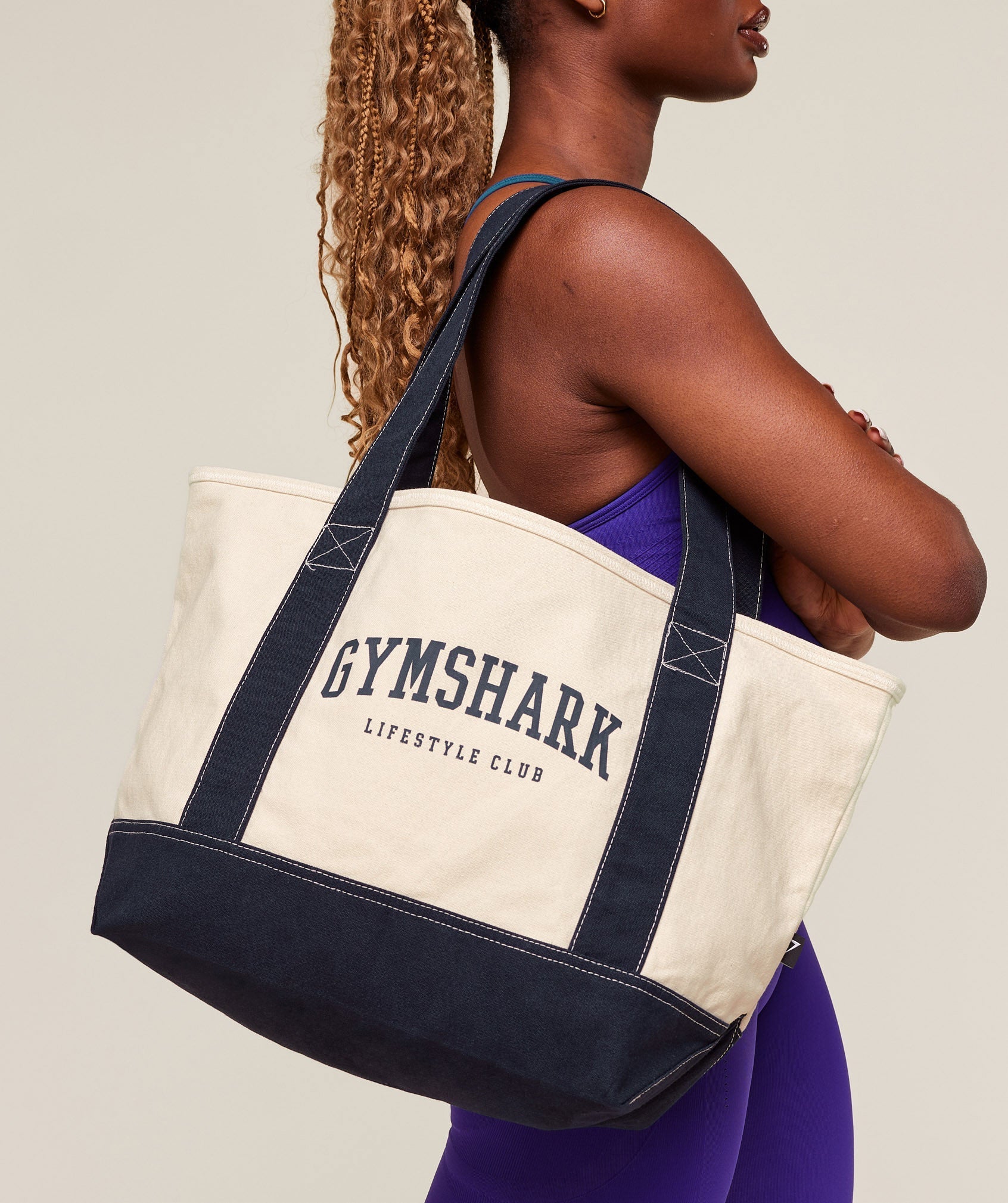 Gymshark Collegiate Oversized Tote - Oat White/Heavy Blue