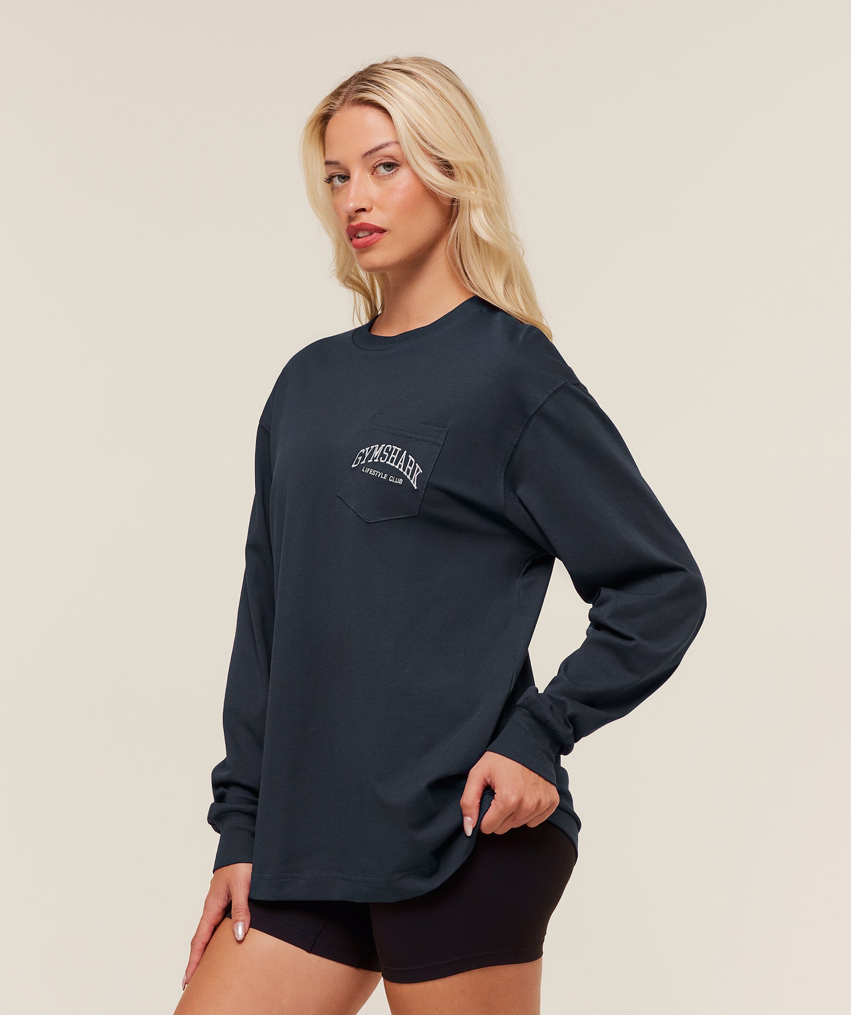 Gymshark Collegiate Graphic Long Sleeve T-Shirt - Heavy Blue