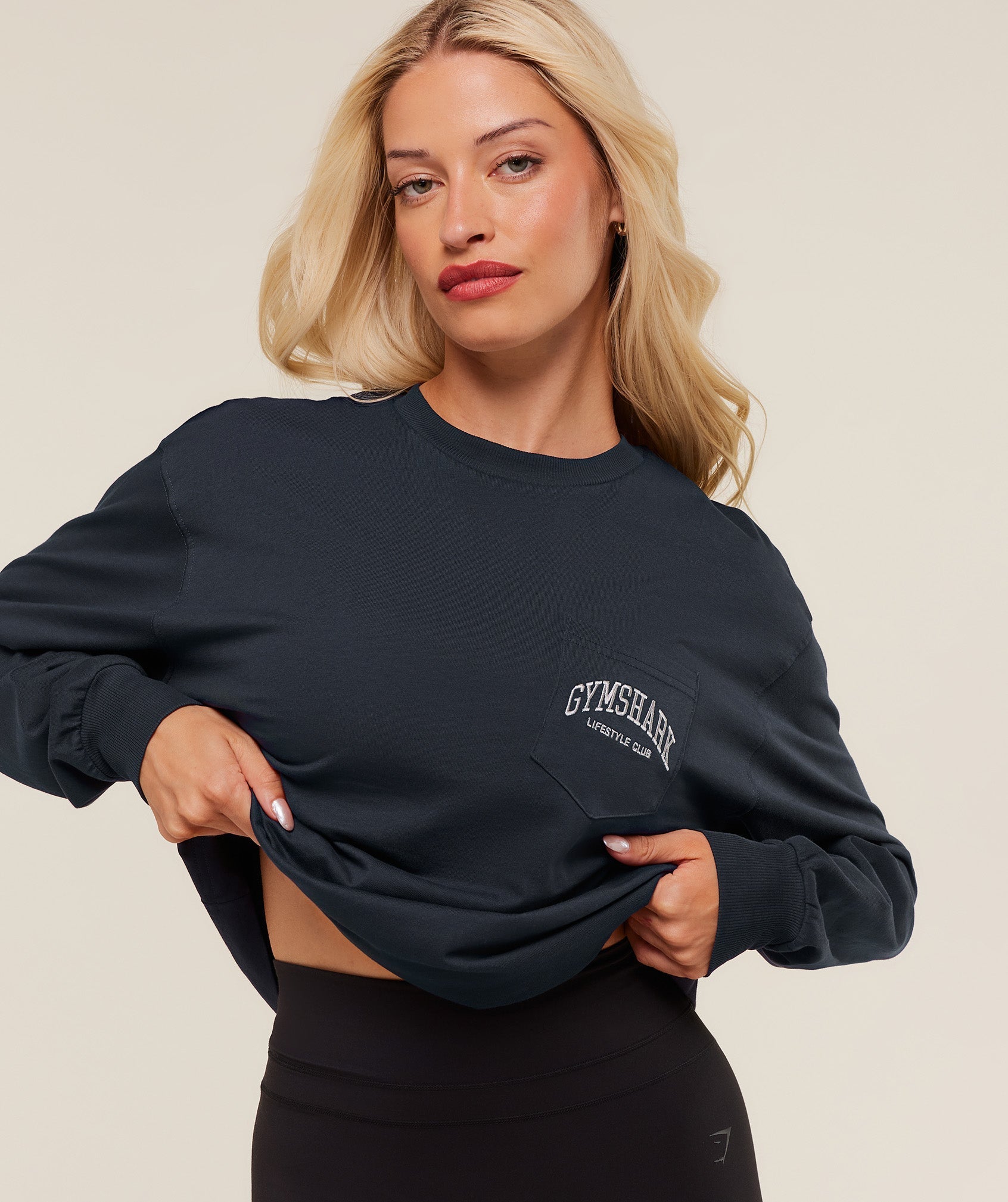 Gymshark Collegiate Graphic Long Sleeve T-Shirt - Heavy Blue