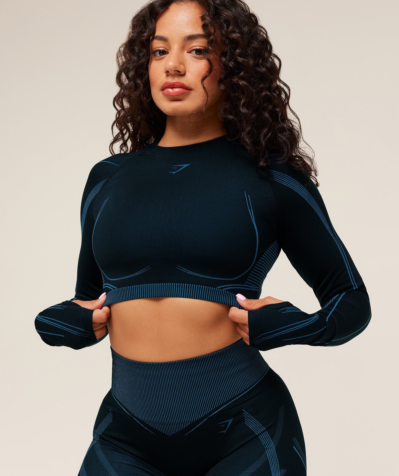 Gymshark x Analis Seamless Long Sleeve Crop Top - Midnight Blue/Lats Blue