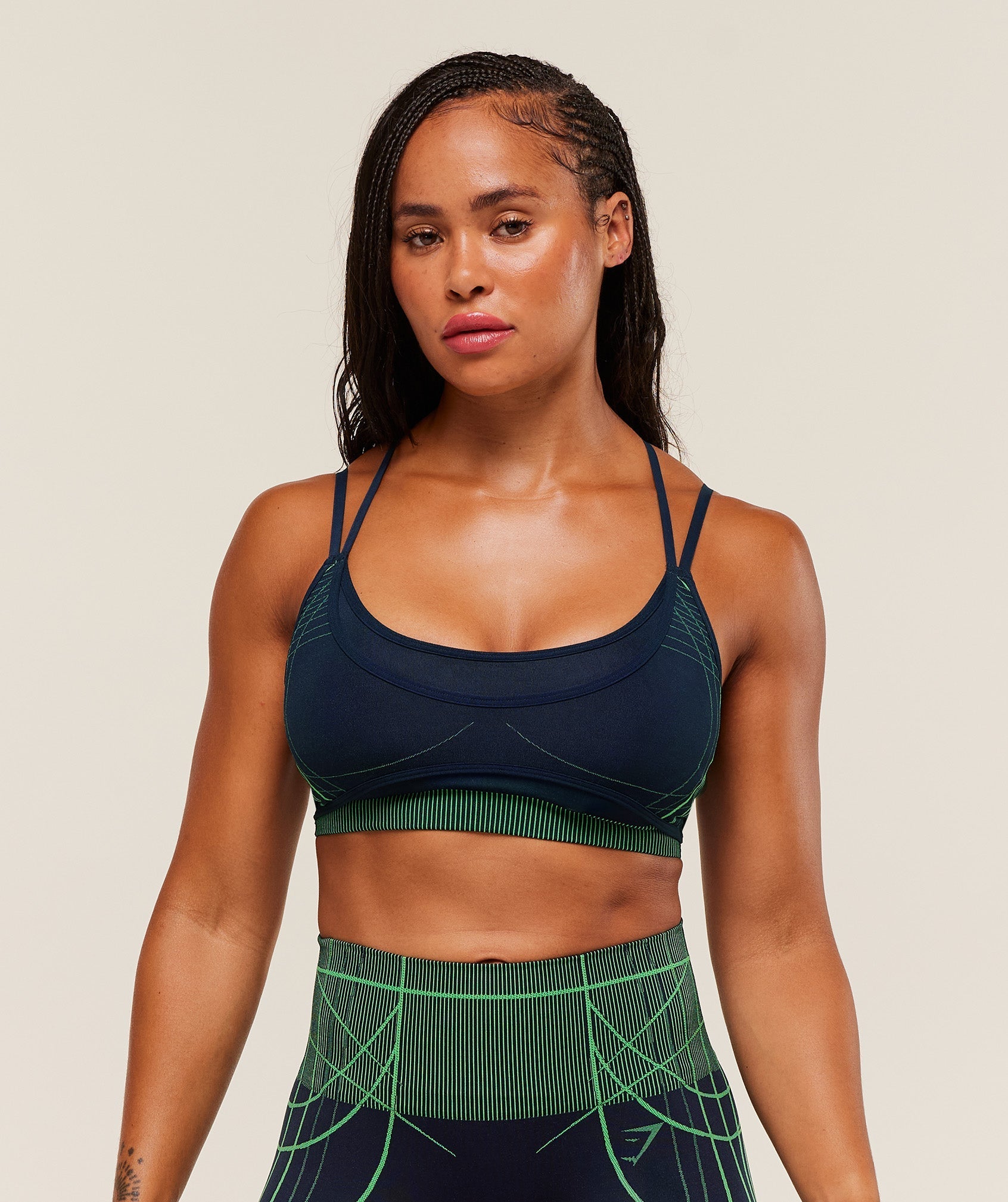 Gymshark Apex Seamless Strappy Sports Bra - Heavy Blue/Active Green