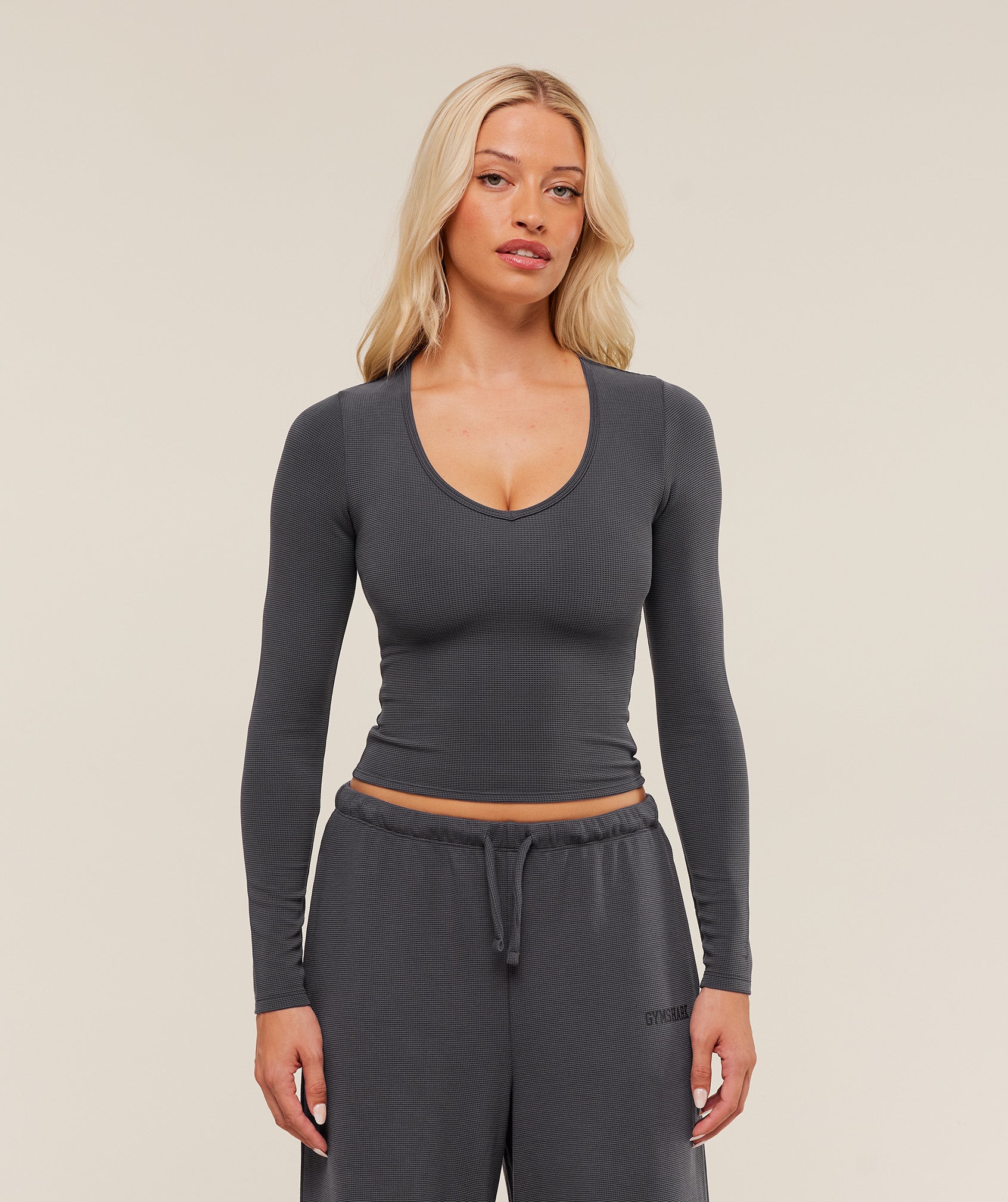 Gymshark Waffle Long Sleeve Top - Onyx Grey