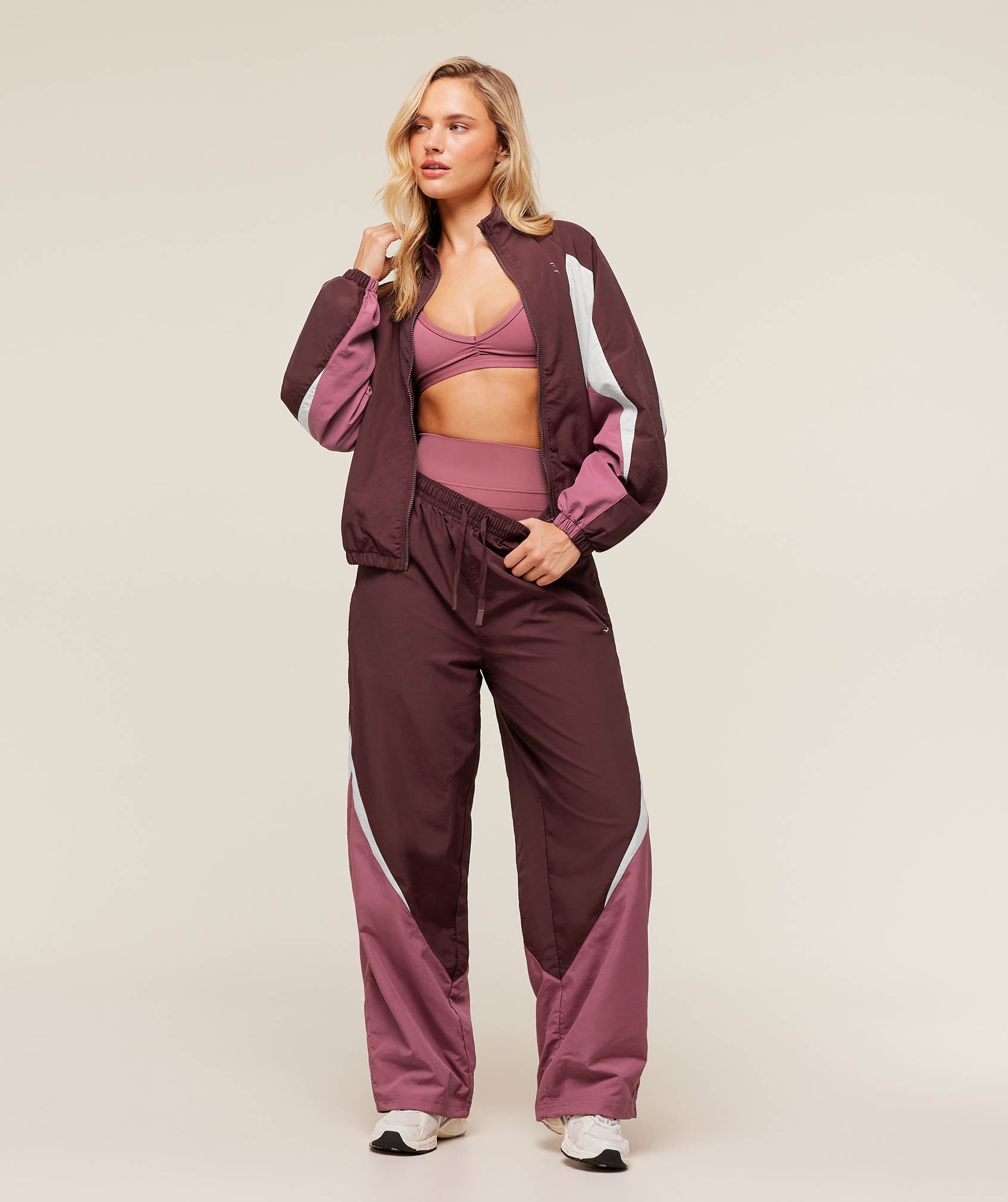 Gymshark Contrast Track Pant - Rich Maroon/Reset Pink/Oat White