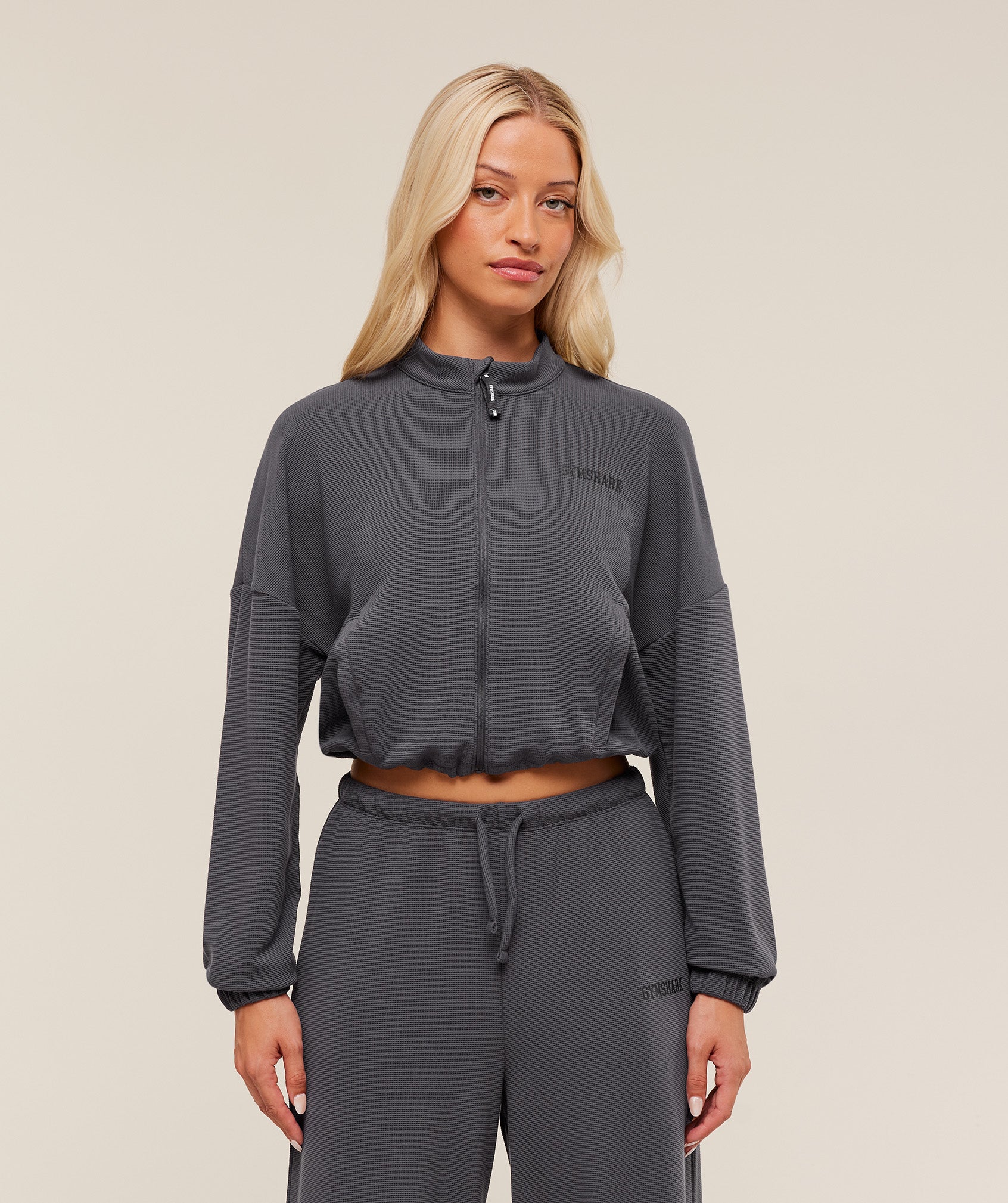 Gymshark Waffle Midi Zip Up Jacket - Onyx Grey