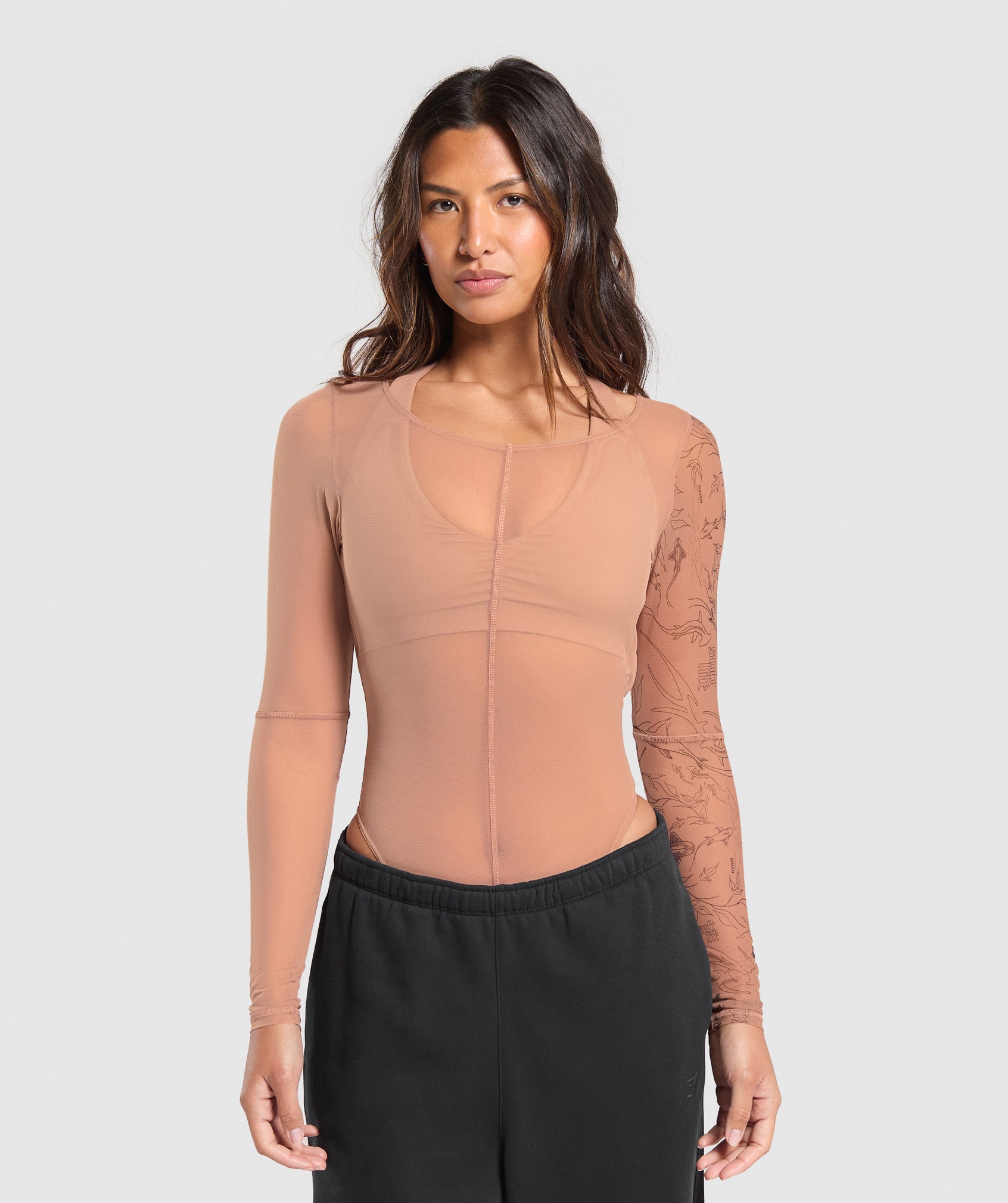 Elevate Tattoo Graphic Mesh Bodysuit - Autumn Brown