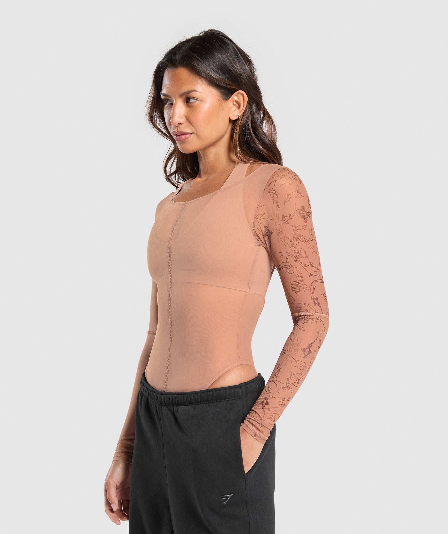 Elevate Tattoo Graphic Mesh Bodysuit - Autumn Brown