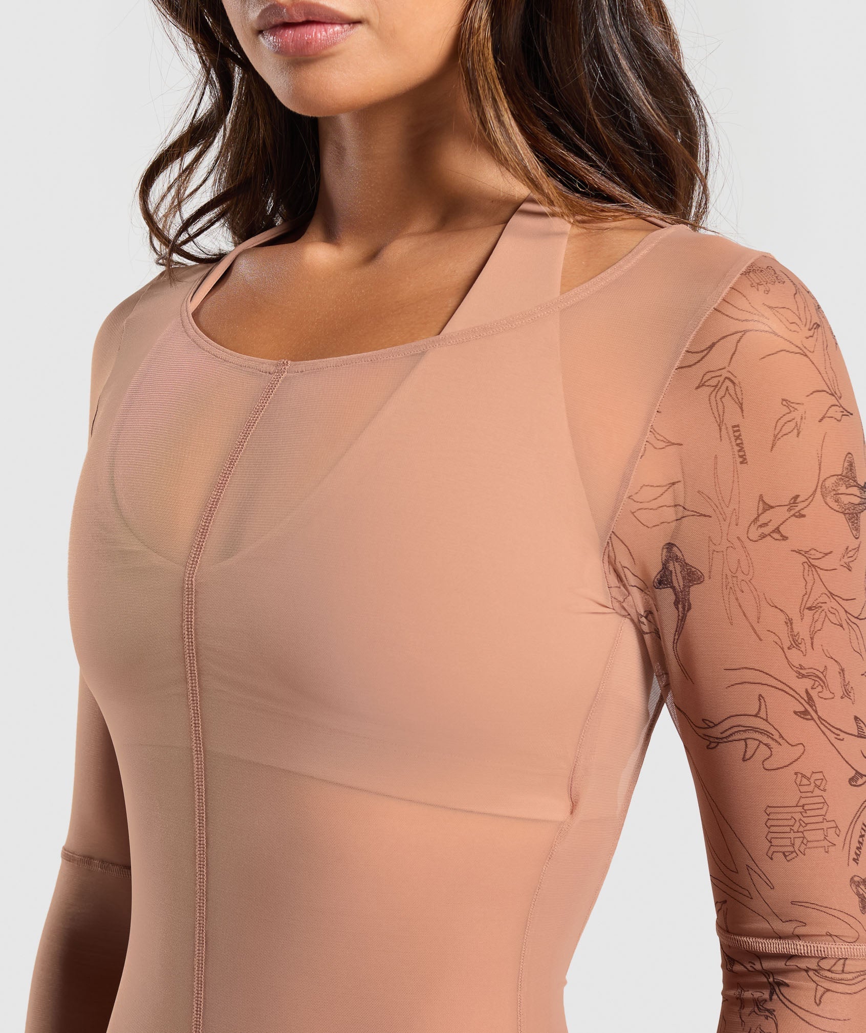 Elevate Tattoo Graphic Mesh Bodysuit - Autumn Brown