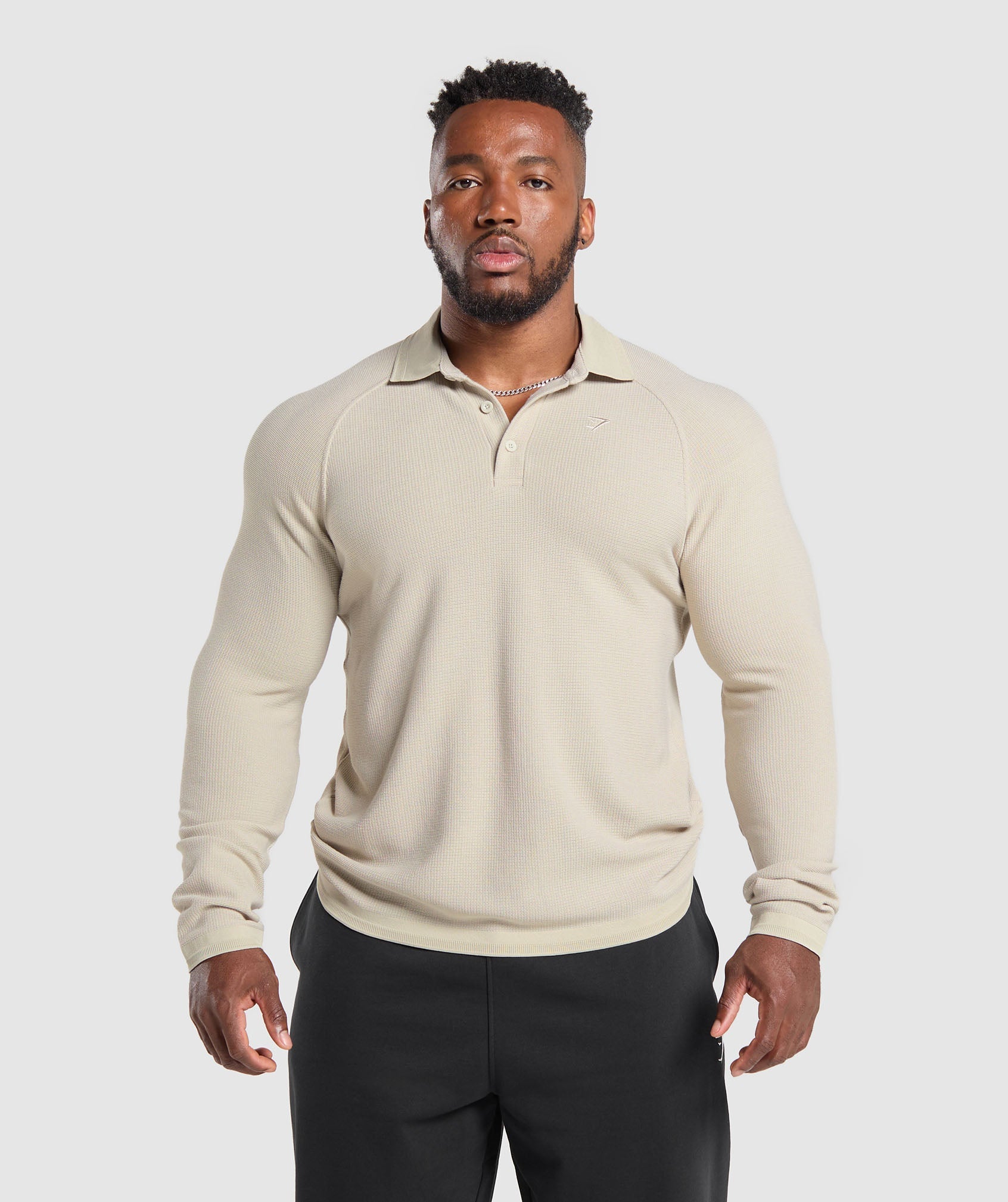 Gymshark Long Sleeve Waffle Polo Shirt - Pebble Grey