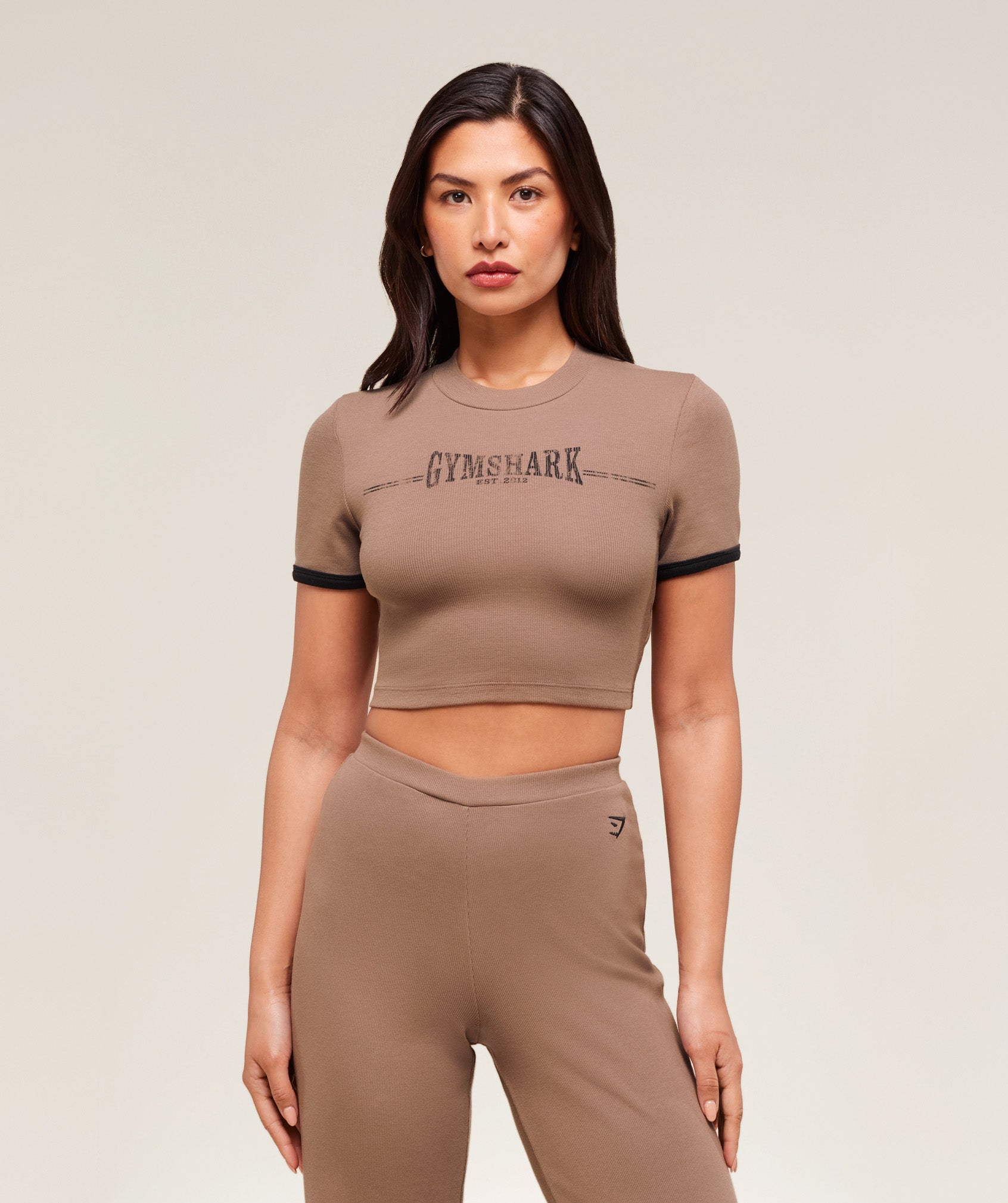 Gymshark Ribbed Cotton Crop Top - Mocha Mauve/Black