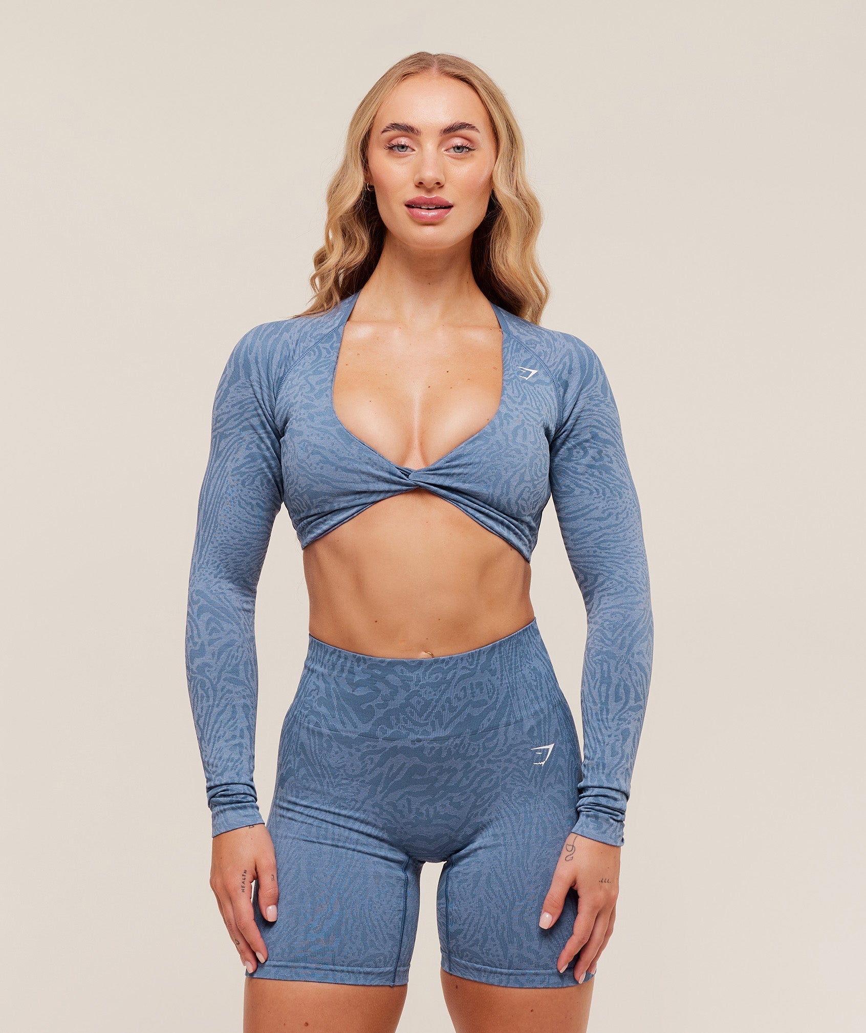 Gymshark Adapt Animal Long Sleeve Crop Top - Worn Blue/Peri Blue
