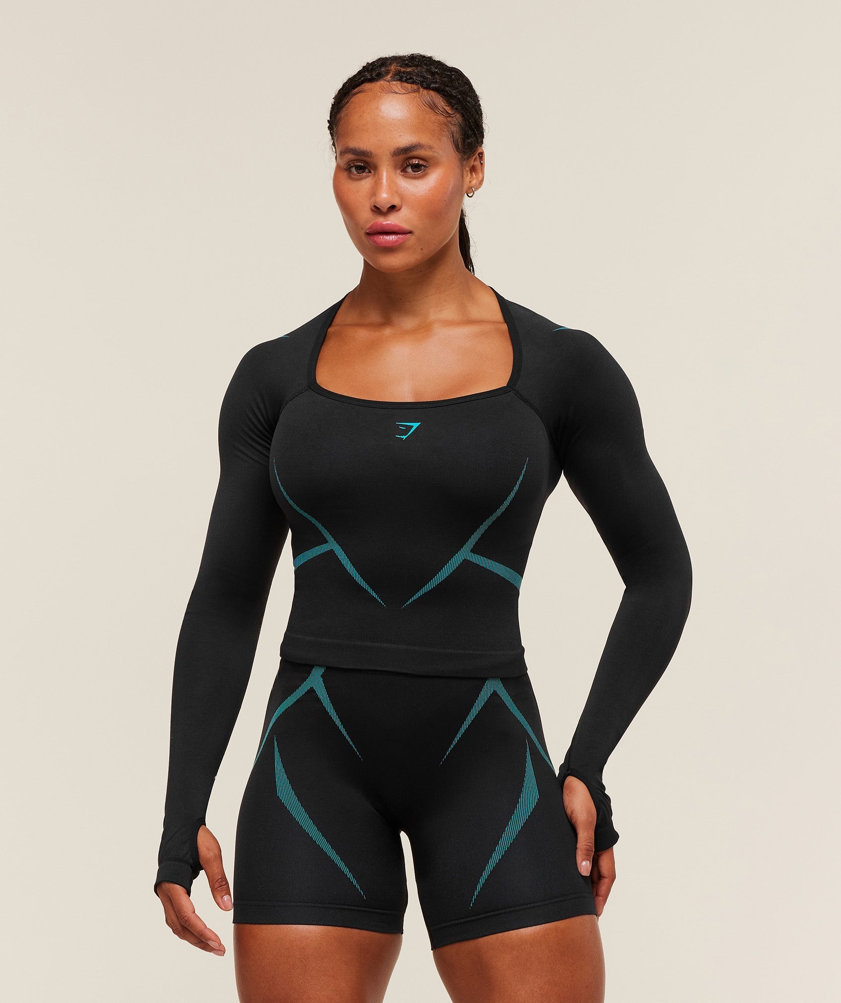 Gymshark Apex Lift Seamless Long Sleeve Crop Top - Black/Brand Blue