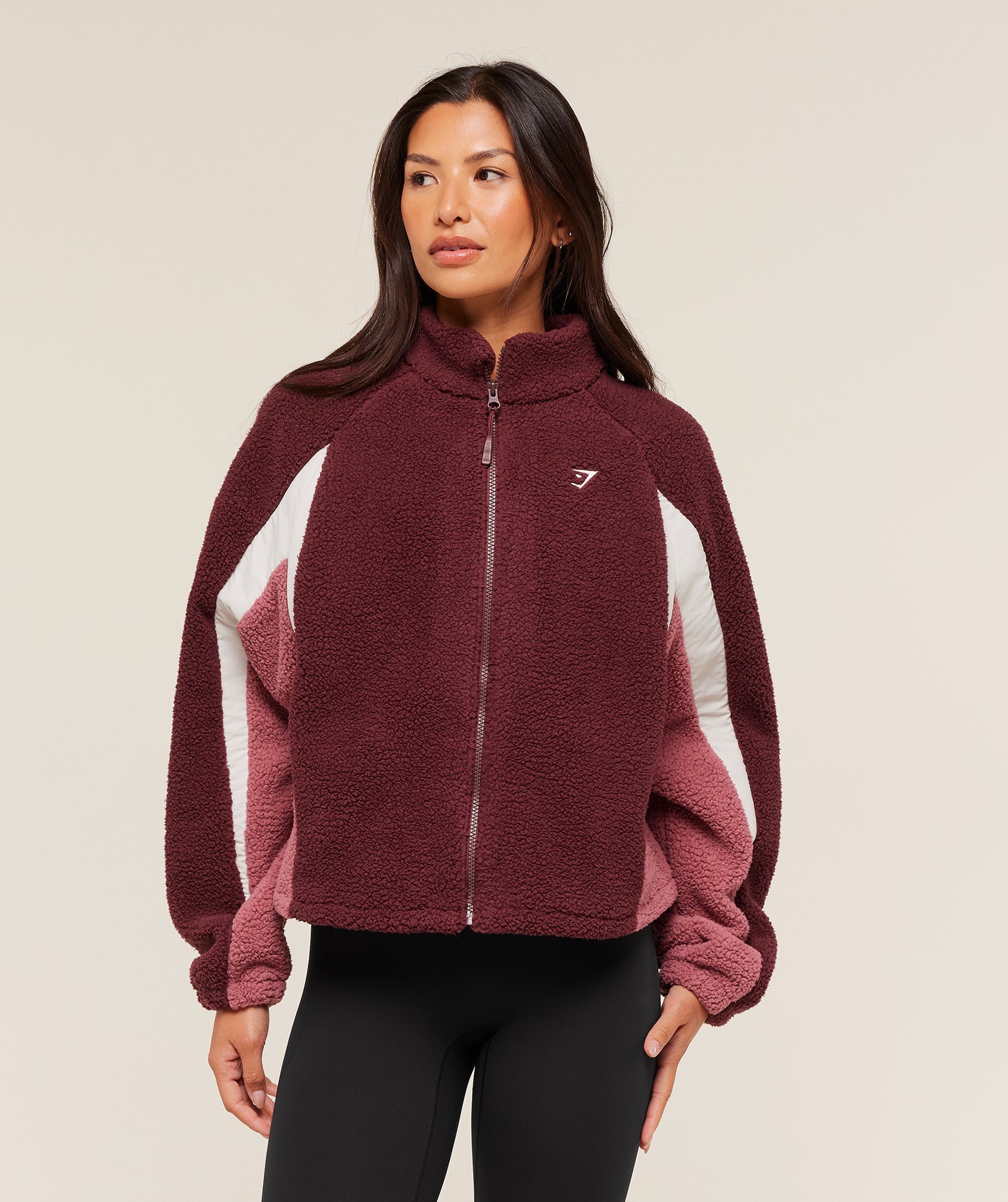 Gymshark Contrast Sherpa Jacket - Rich Maroon/Reset Pink/Oat White