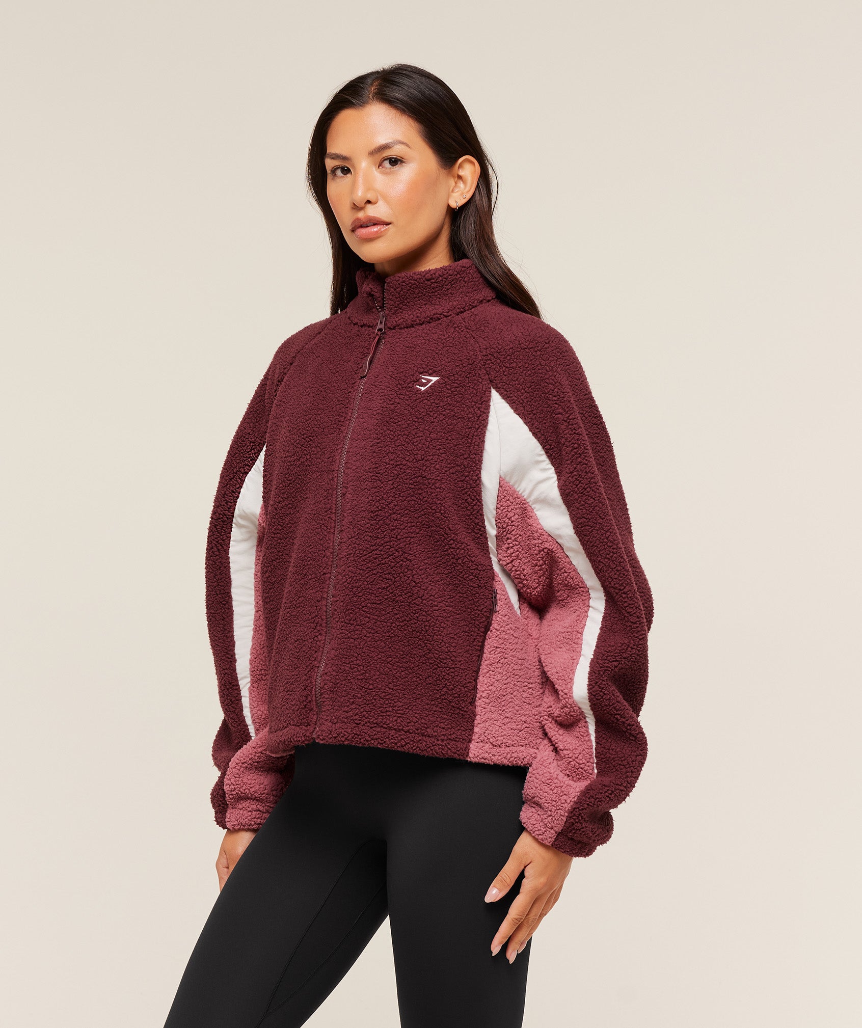 Gymshark Contrast Sherpa Jacket - Rich Maroon/Reset Pink/Oat White