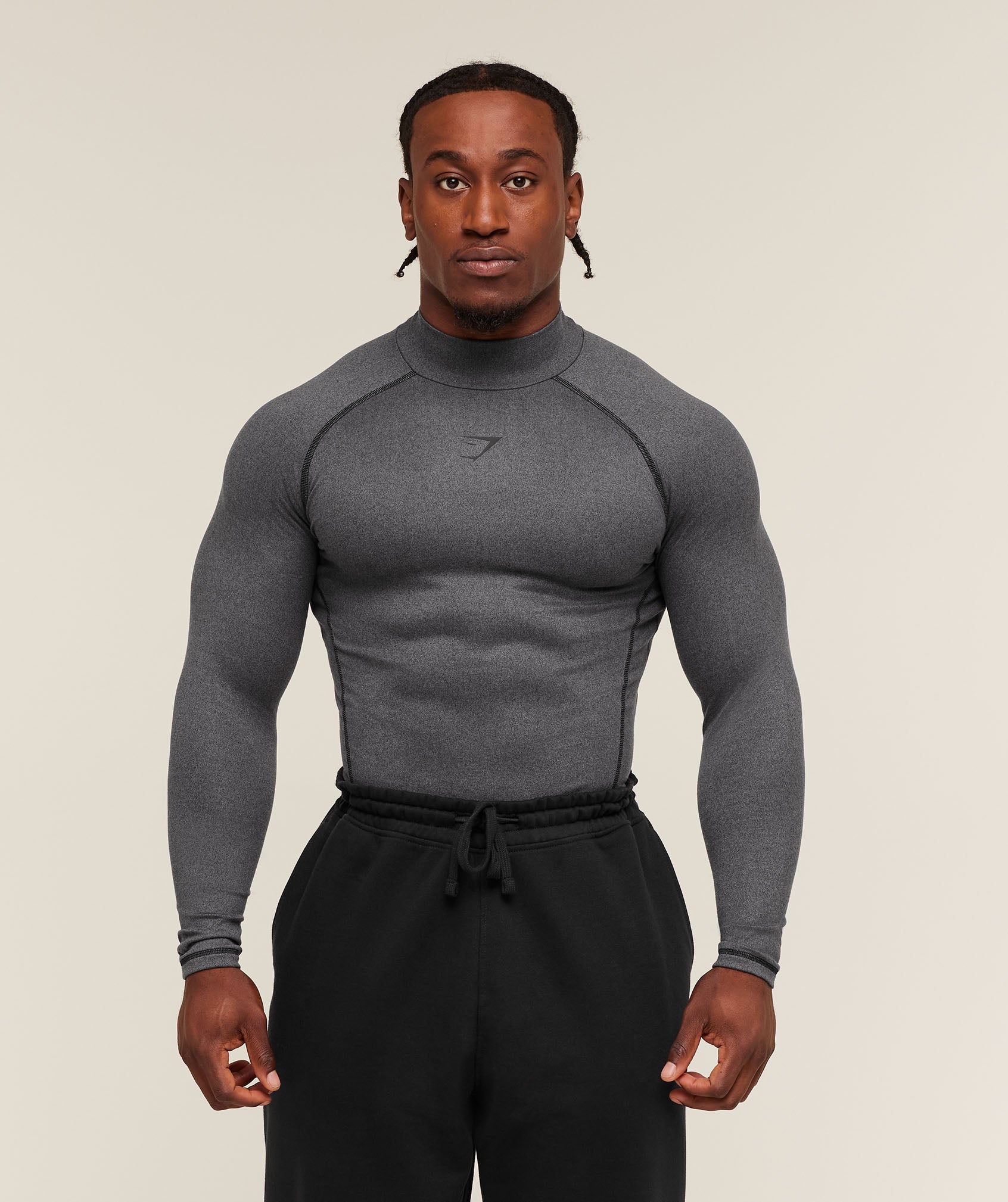 Gymshark Element Baselayer Mock Neck Long Sleeve T-Shirt - Black/Dark Grey Marl