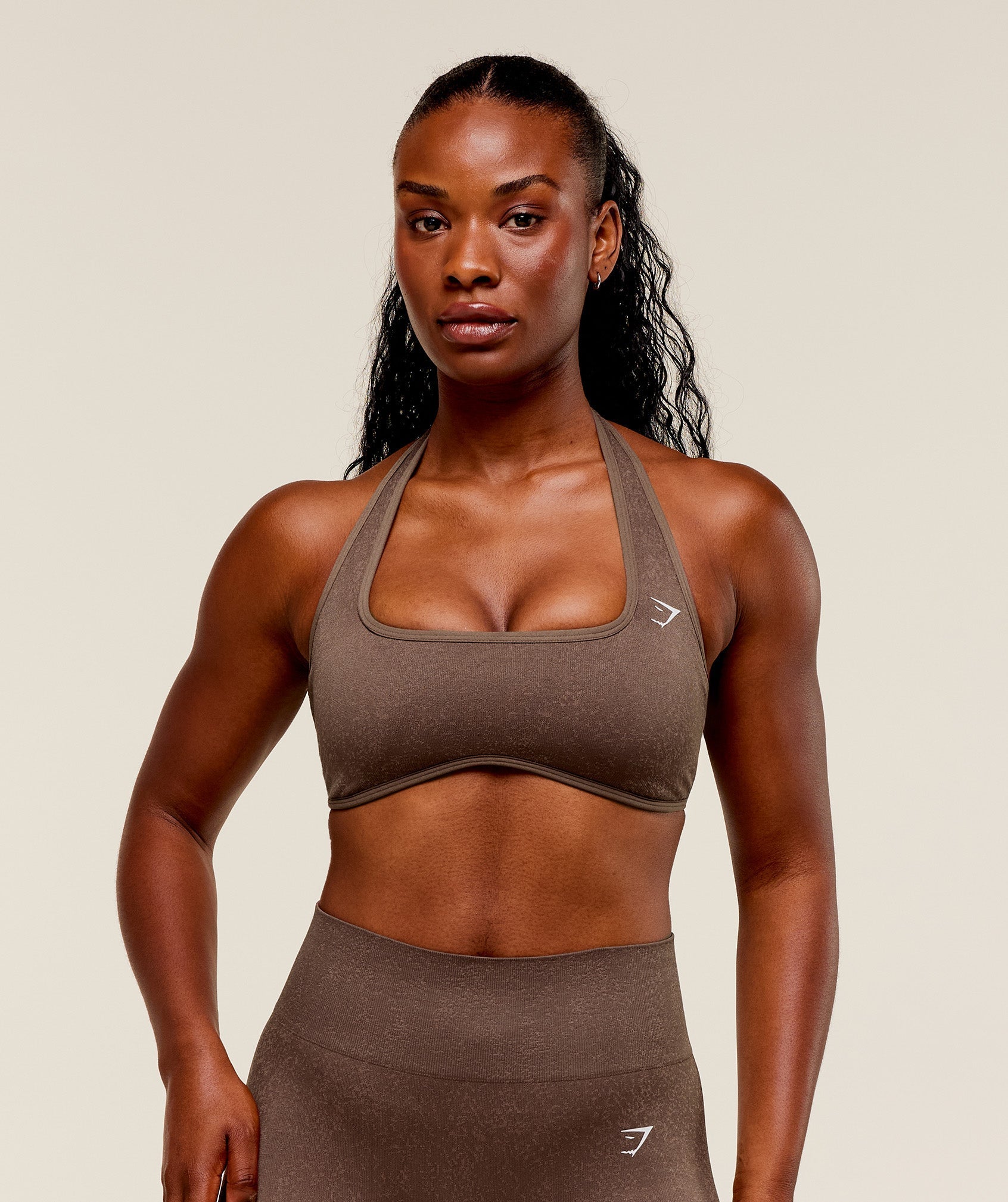 Gymshark Adapt Fleck x Whitney Halterneck Sports Bra - Soft Brown/Chestnut Pink
