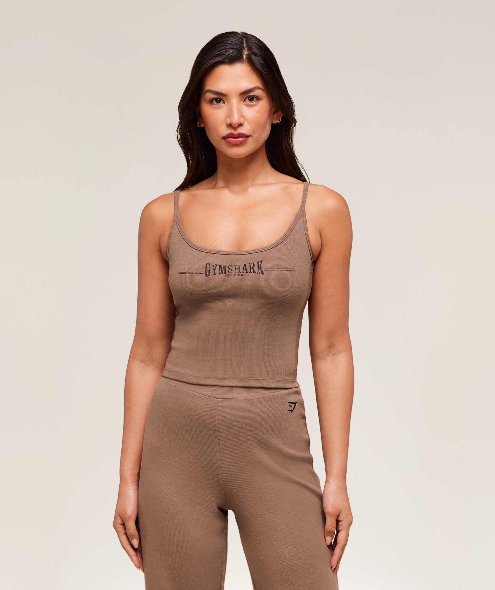 Gymshark Ribbed Cotton Midi Shelf Tank - Mocha Mauve/Black